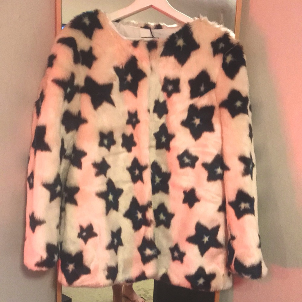 Nasty Gal Faux Fur Jacket // Blue + White Stars